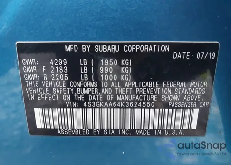 2019 Subaru Impreza 2.0I from USA, damaged, VIN 4S3GKAA64K3624550